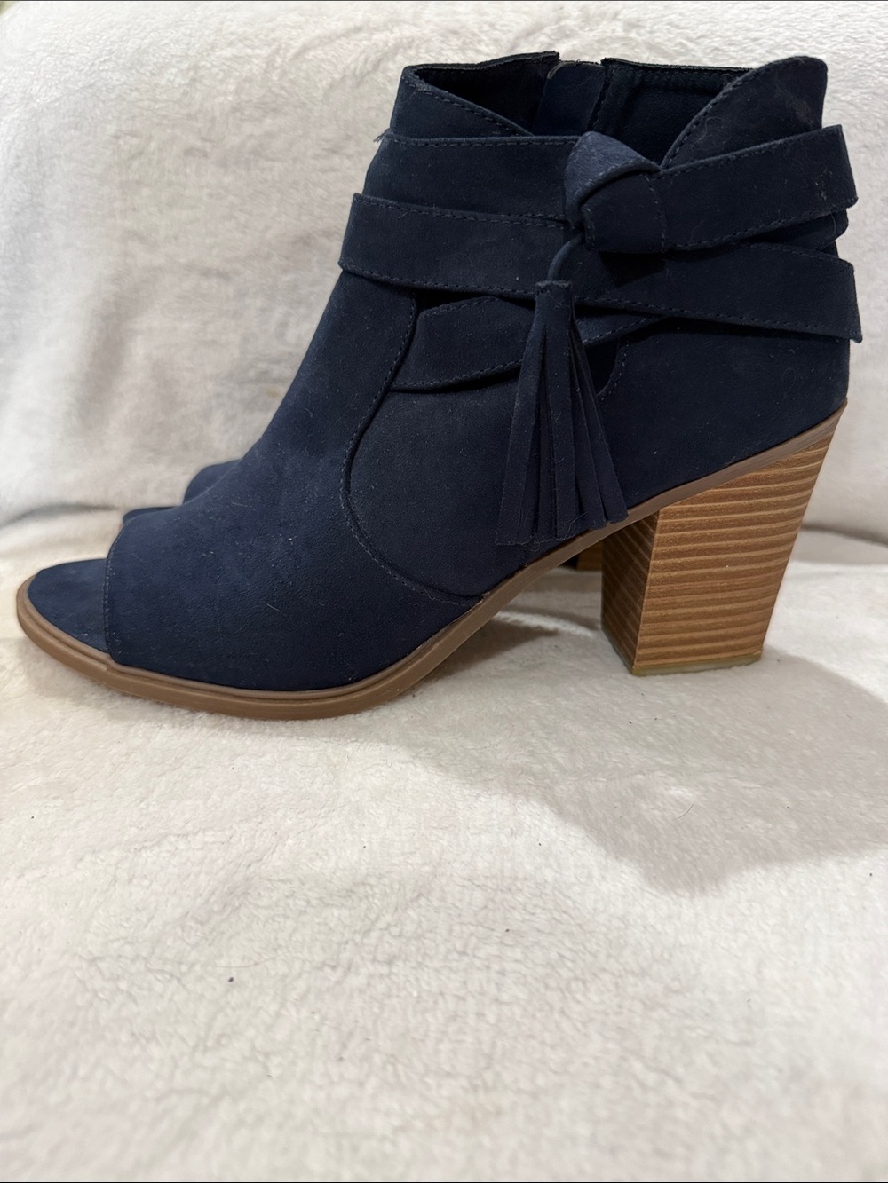 Rampage Navy Suede Peep-Toe Ankle Booties with Tassel Wrap